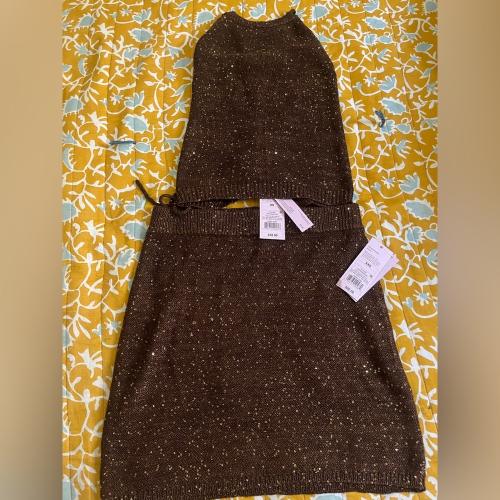 wild fable Brown Metallic Knit Two-Piece Skirt Set